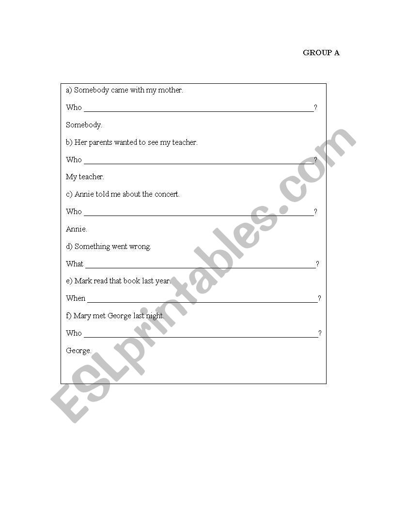 Subject / object questions  worksheet