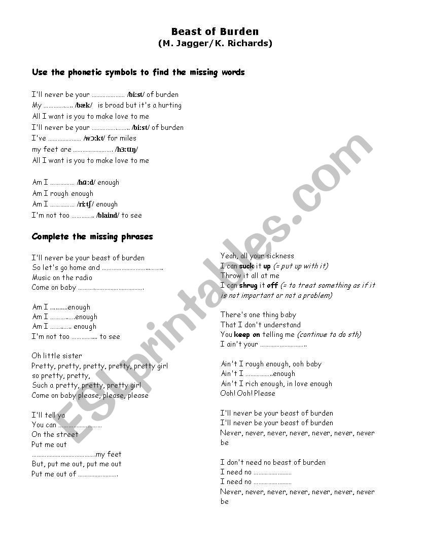 Song Worksheet: Beast of Burden by Rolling Stones