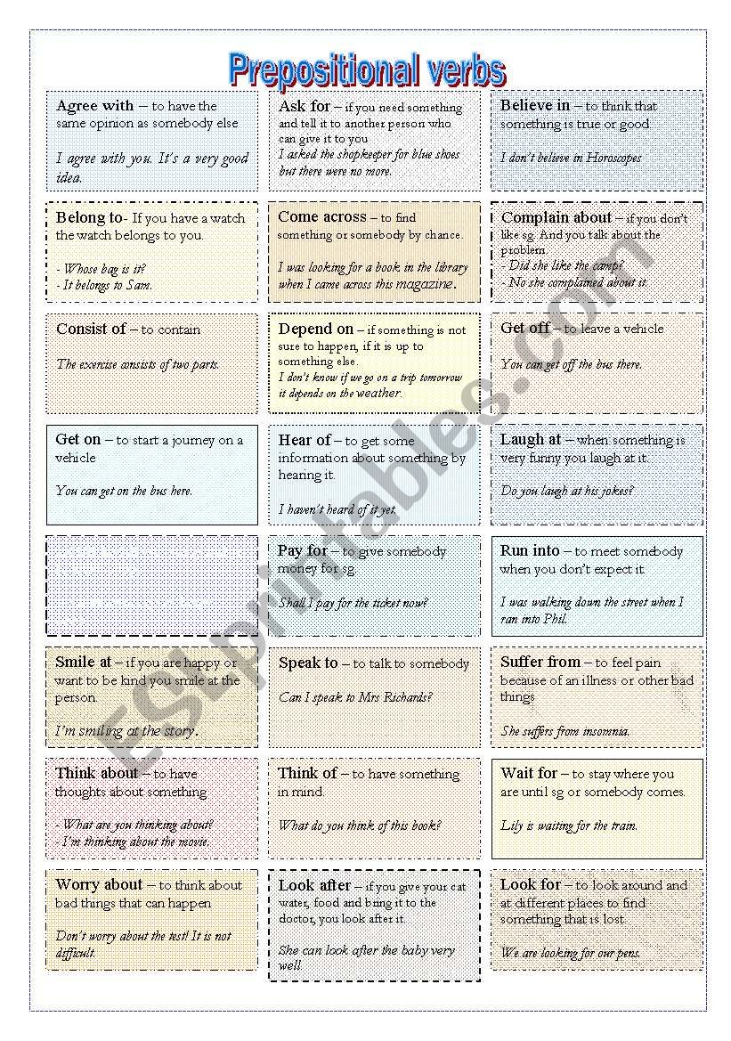 Prepositional verbs - basic - with definitions + worksheet