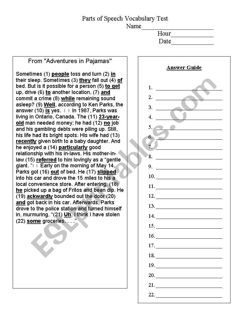 Parts of Speech Quiz worksheet