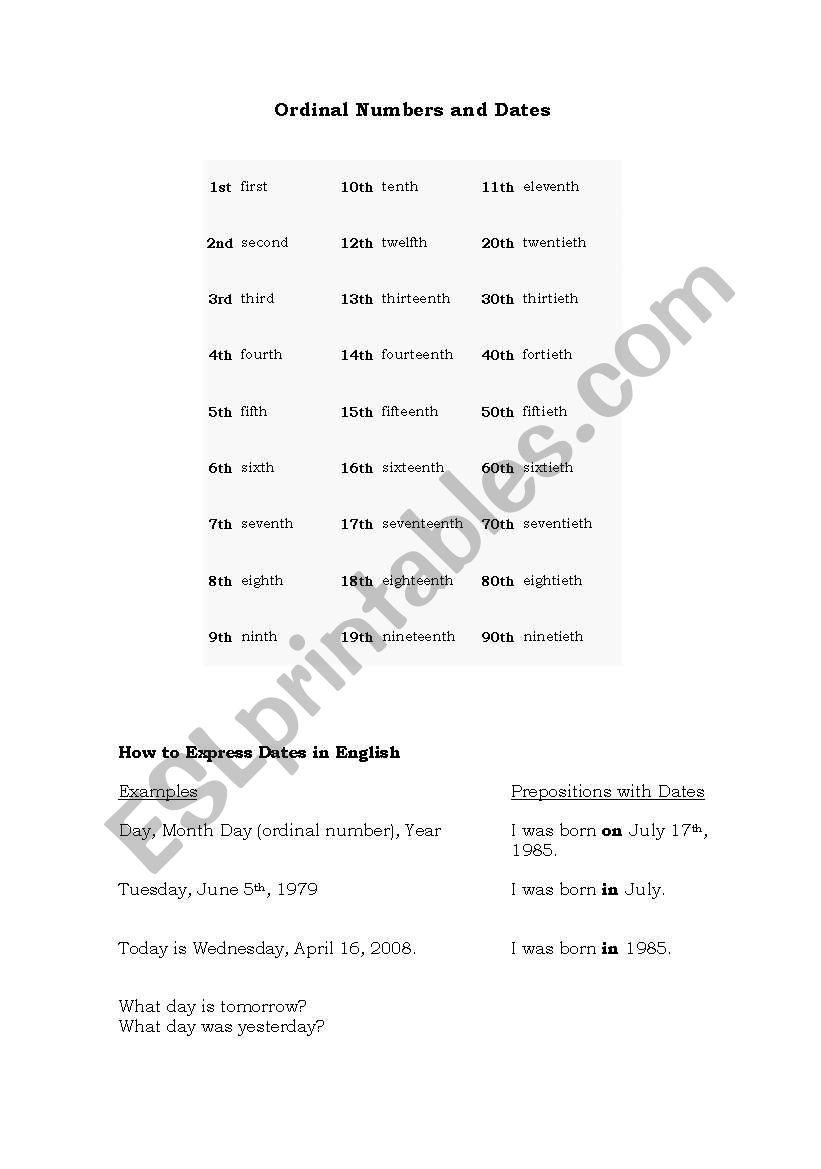 Ordinal Number and Dates worksheet