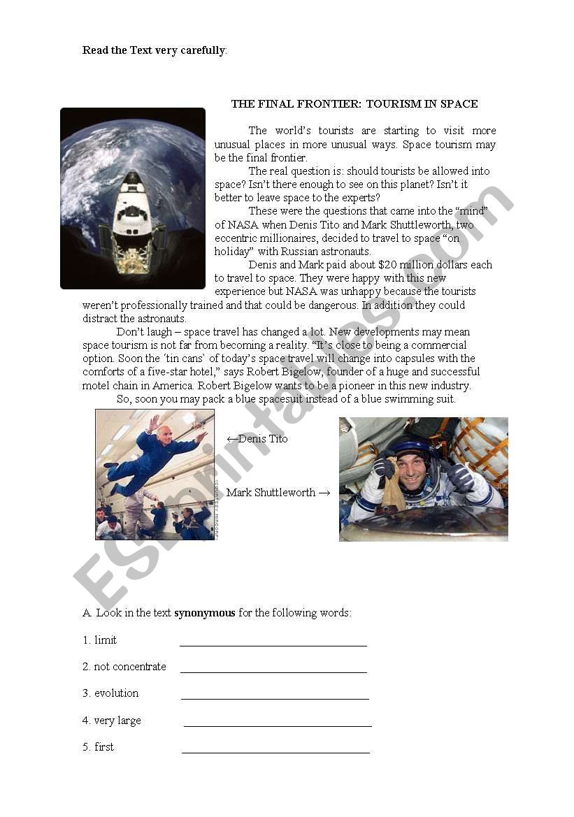 The Final Frontier Tourism In Space Esl Worksheet By Schatz