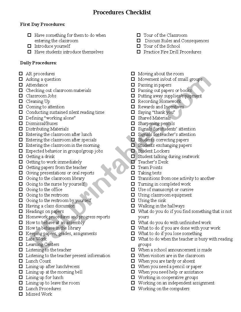 Procedures Checklist for teachers for the 1st days of school