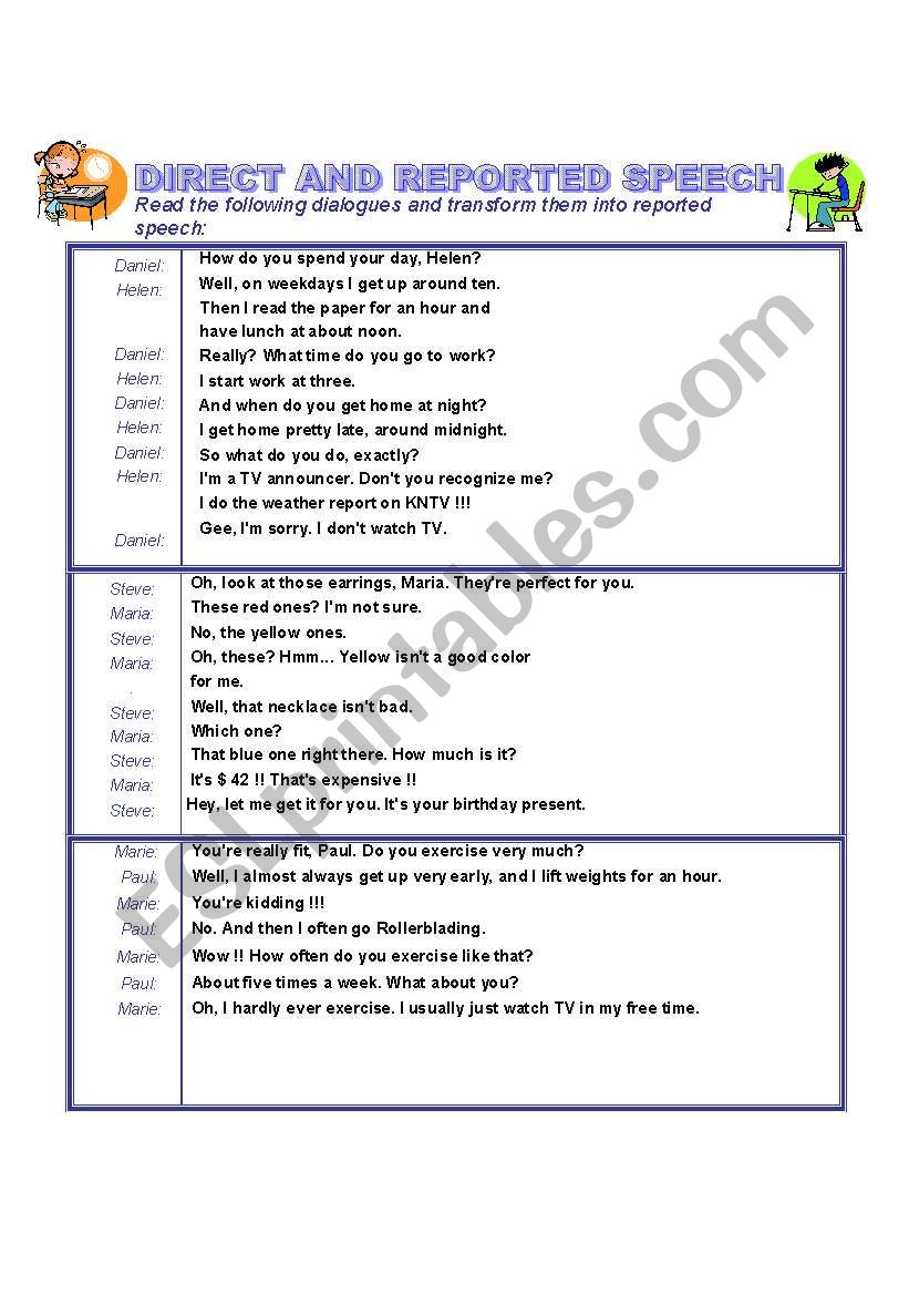 Direct and reported speech worksheet