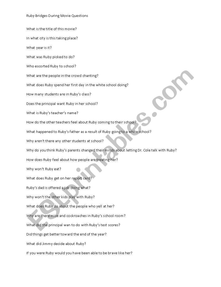 Ruby Bridges Movie Questions worksheet