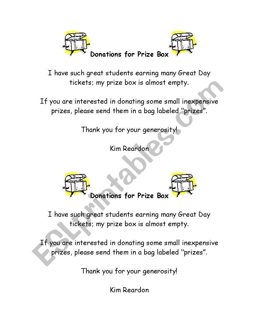 Prize box worksheet