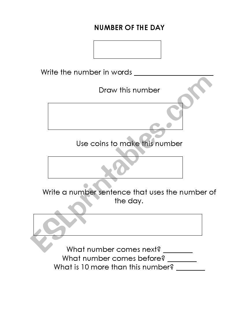 English worksheets: nUMBER OF THE DAY Throughout Number Of The Day Worksheet