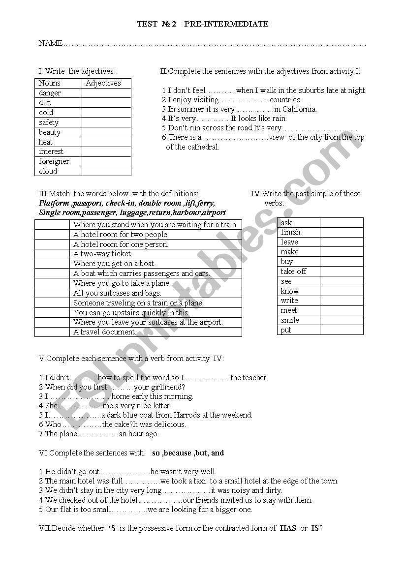 Test -  pre -intermediate  worksheet