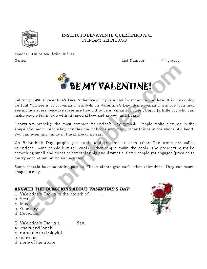 Be my valentine worksheet