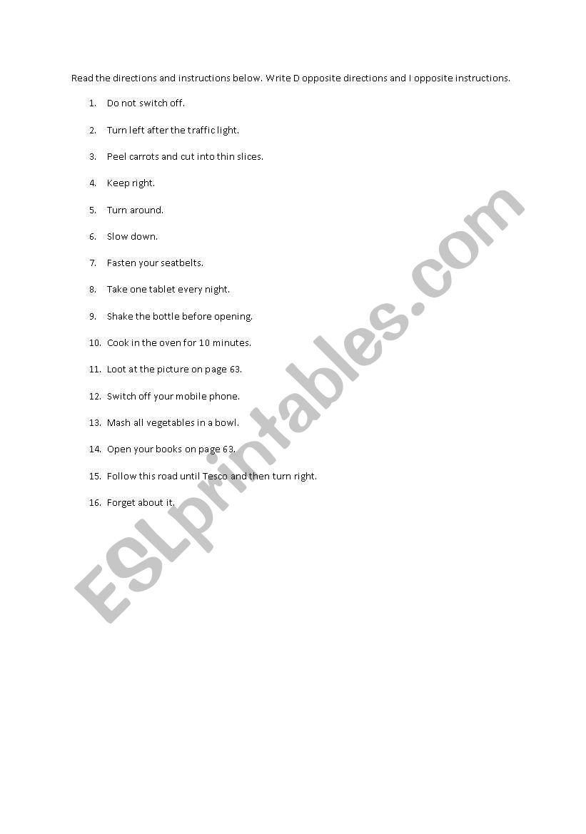 Directions and Instructions worksheet