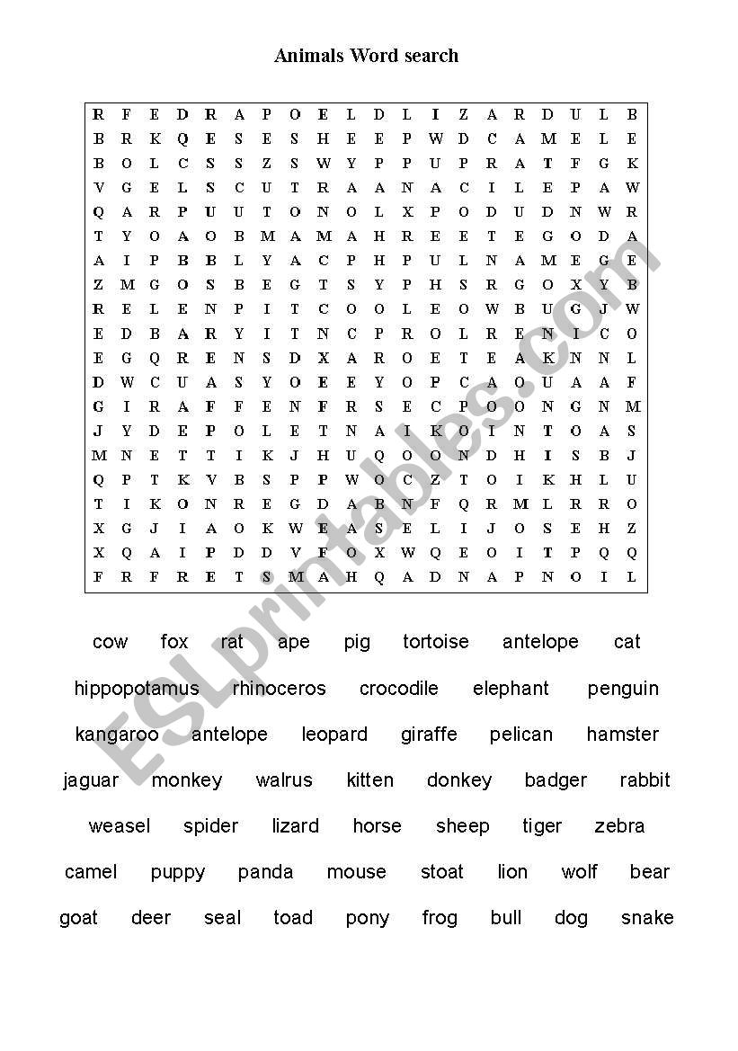 Animals Wordsearch worksheet