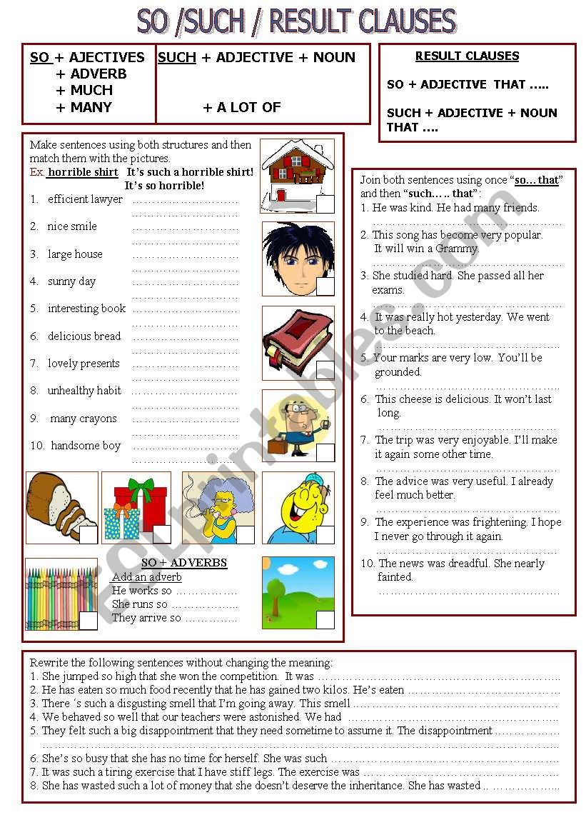 SO, SUCH & RESULT CLAUSES  worksheet