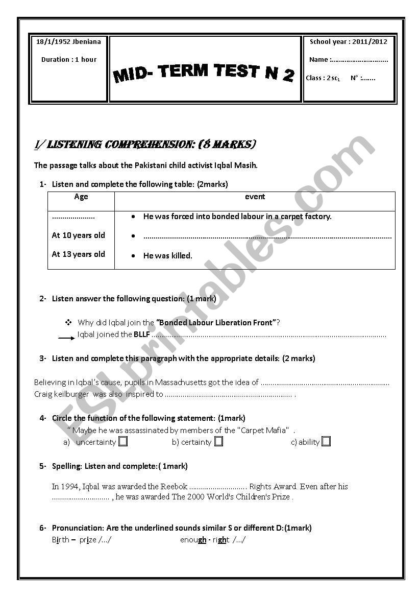 mid-term test n2 for 2nd year pupils