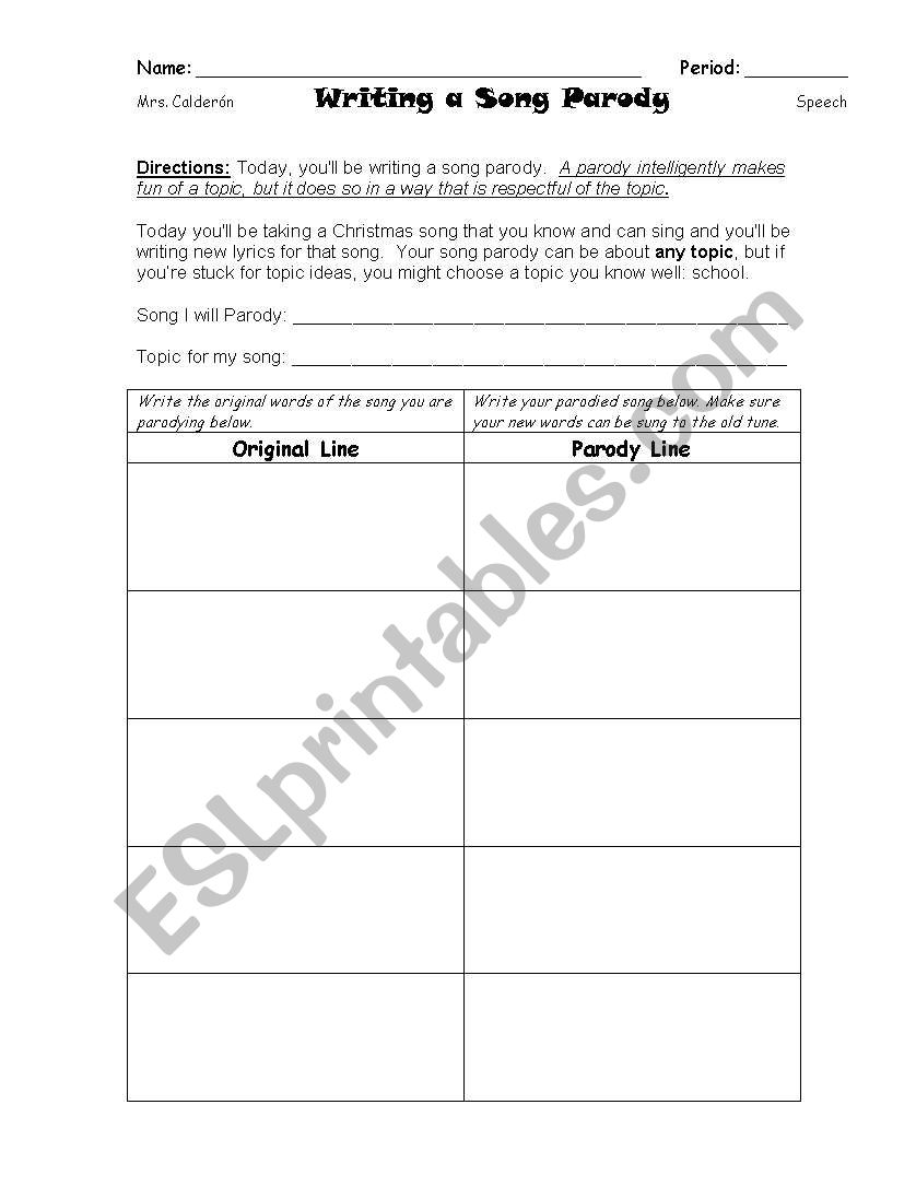 Writing a Song Parody worksheet