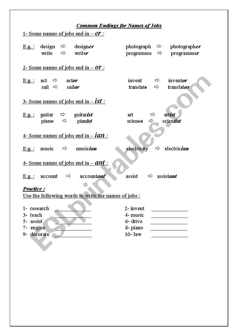 Common Endings of nouns worksheet