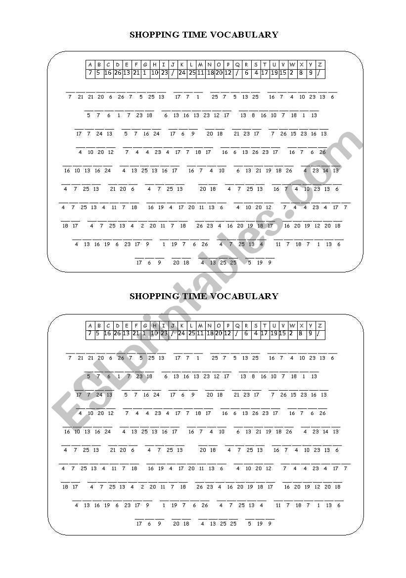 Vocabulary-shopping time cryptogram