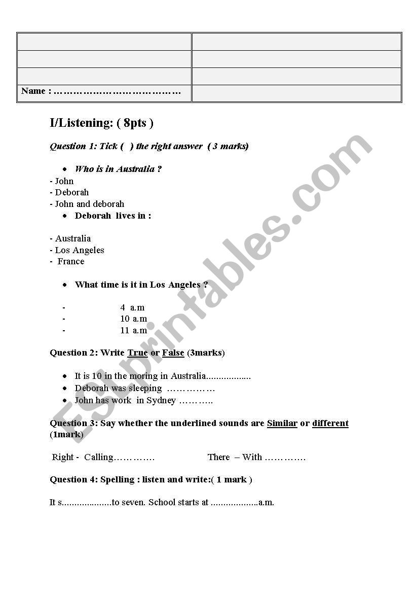 Exam : listening / grammar / ( 8th form )