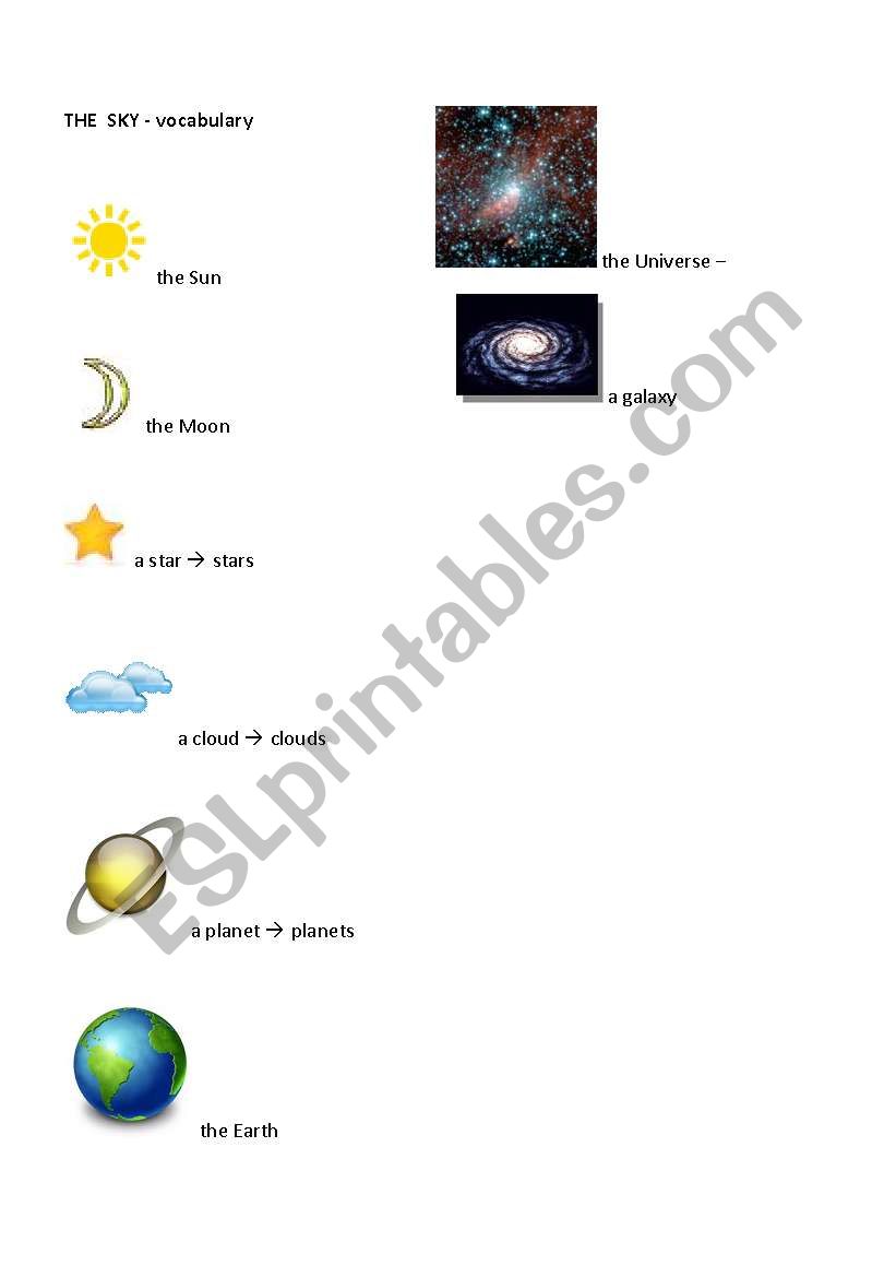 sky and space - vocabulary worksheet