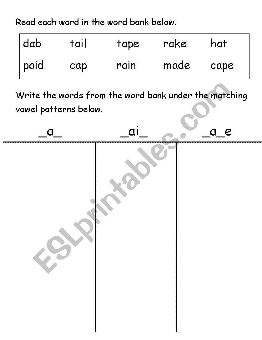 Short and long a sort worksheet