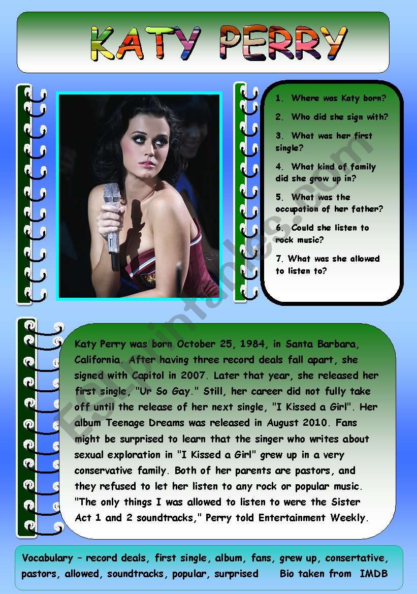 KATY PERRY BIOGRAPHY worksheet