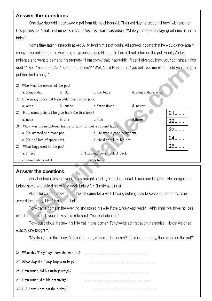 Reading comprehension worksheet