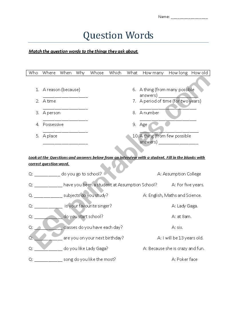 Question Words worksheet