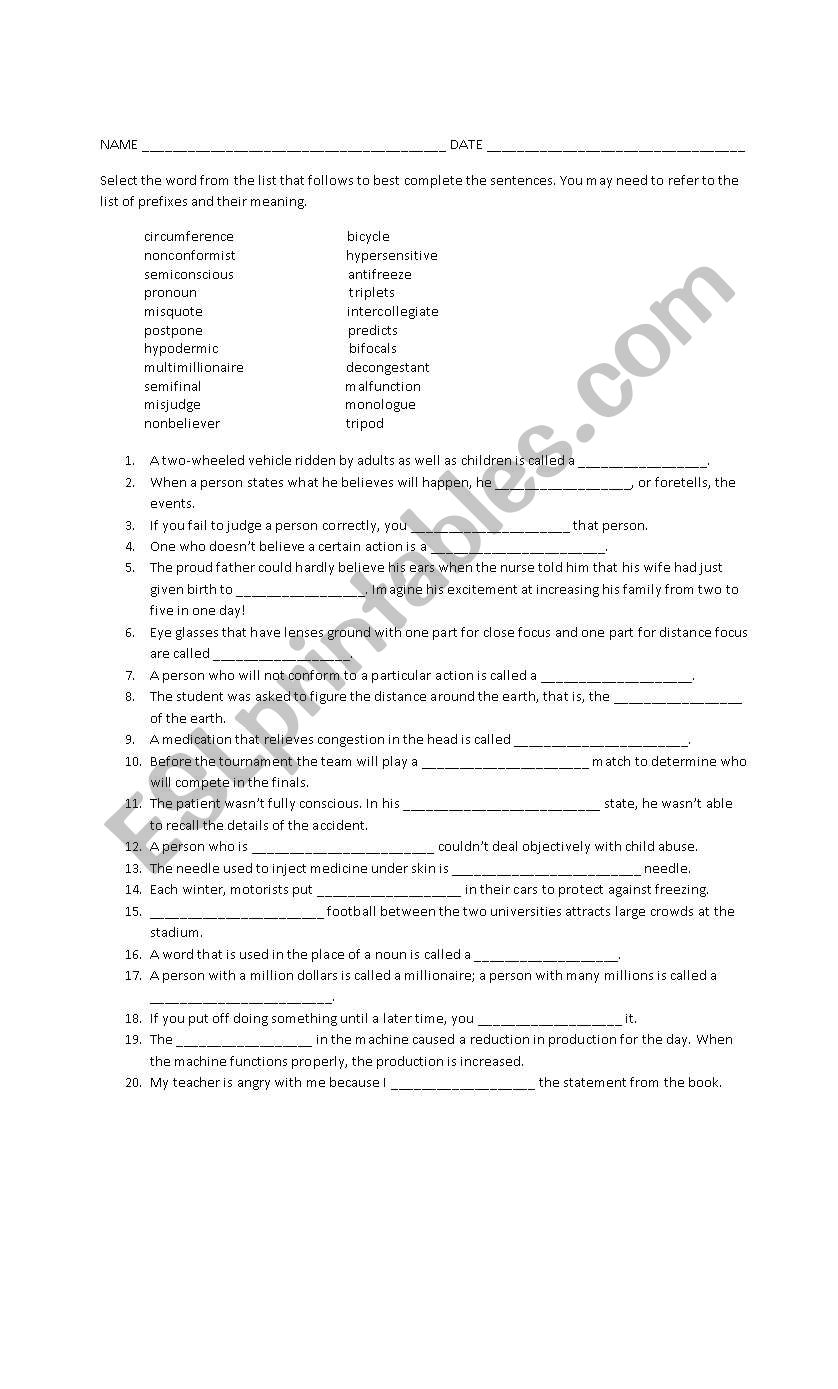 prefixes exercises worksheet