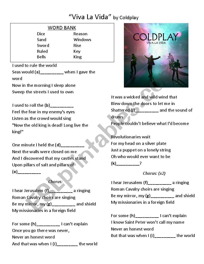 Viva La Vida Cloze Activity worksheet