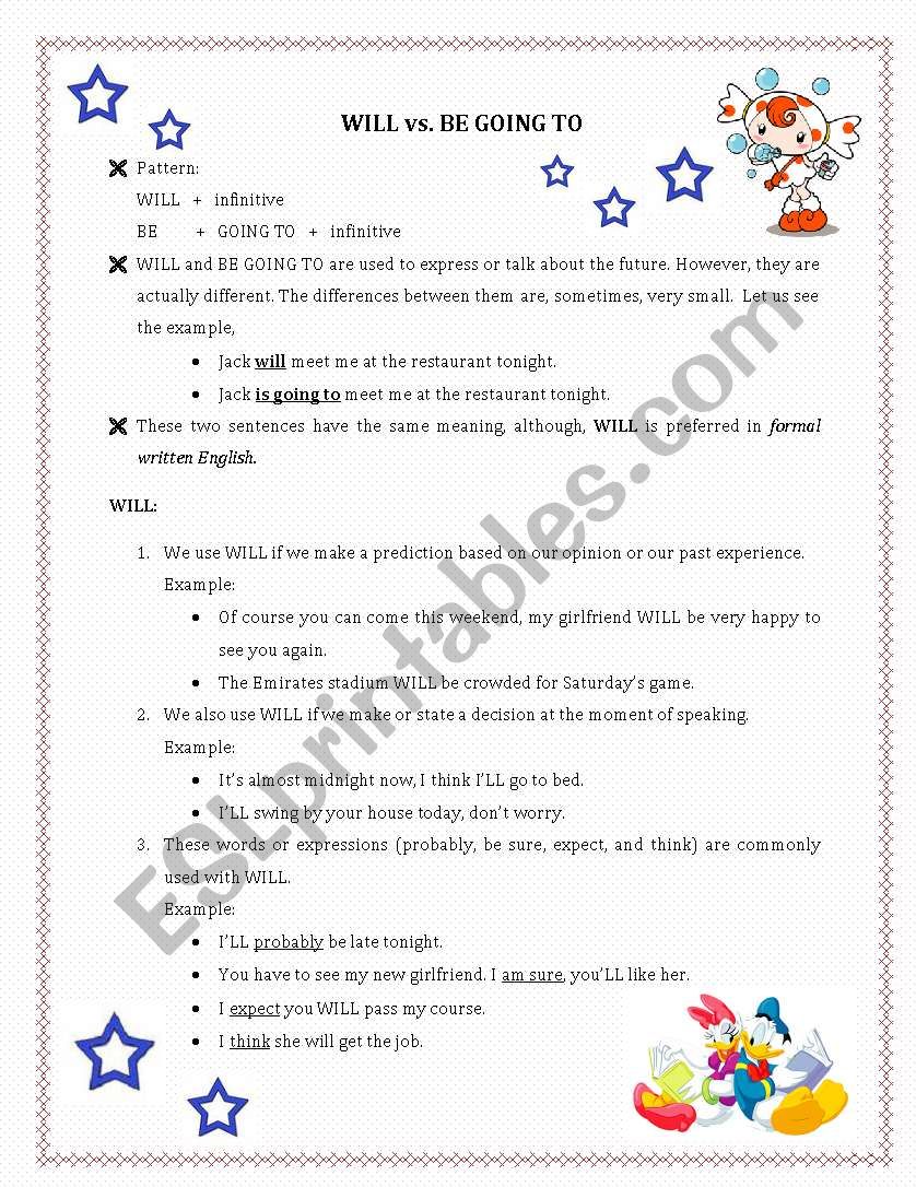 WILL vs. BE GOING TO worksheet