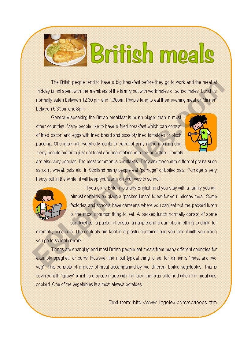 British meals worksheet