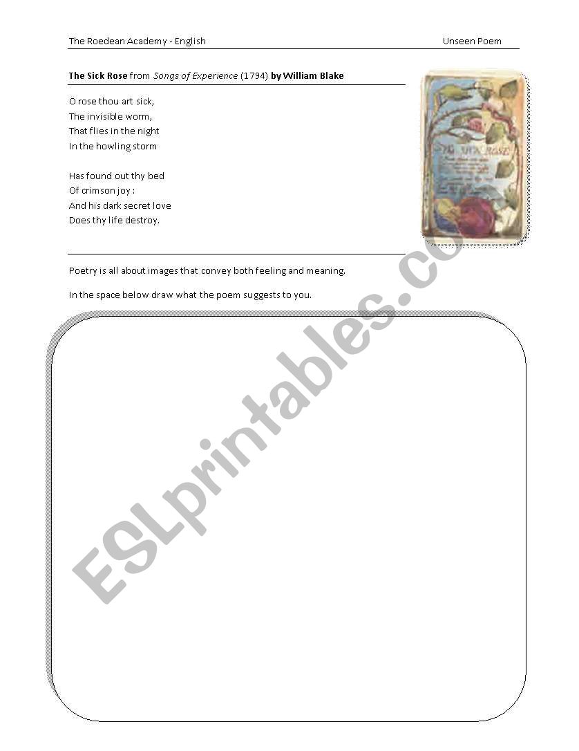 Poetry Worksheet - The Sick Rose by William Blake