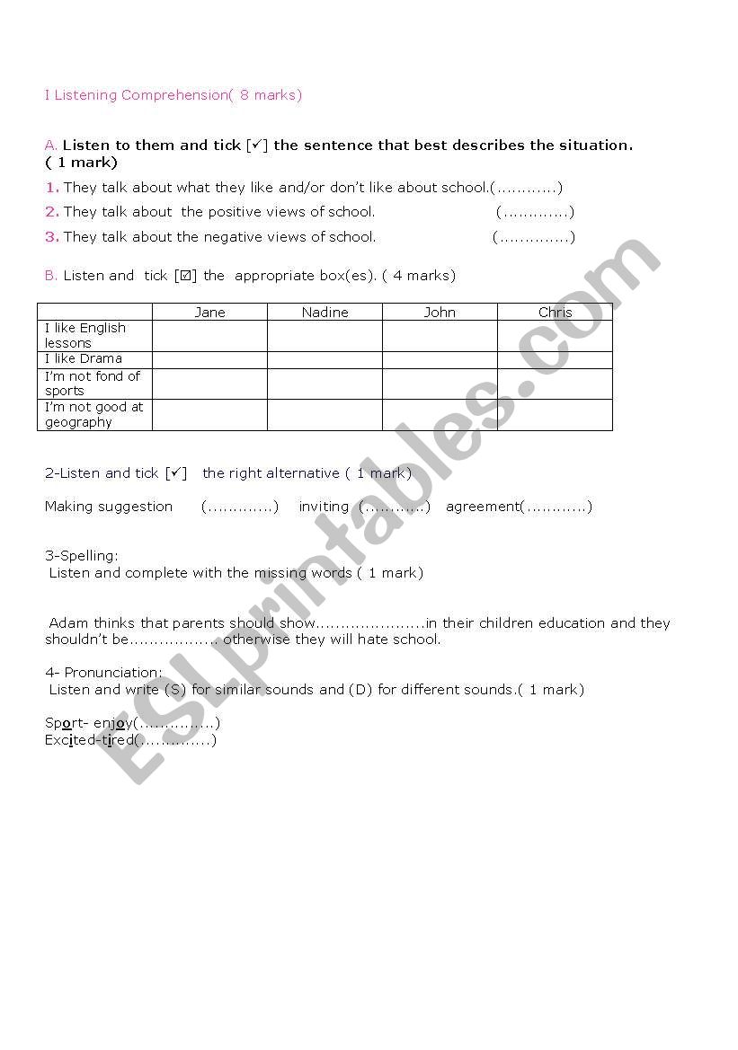 8 th form test : listening worksheet