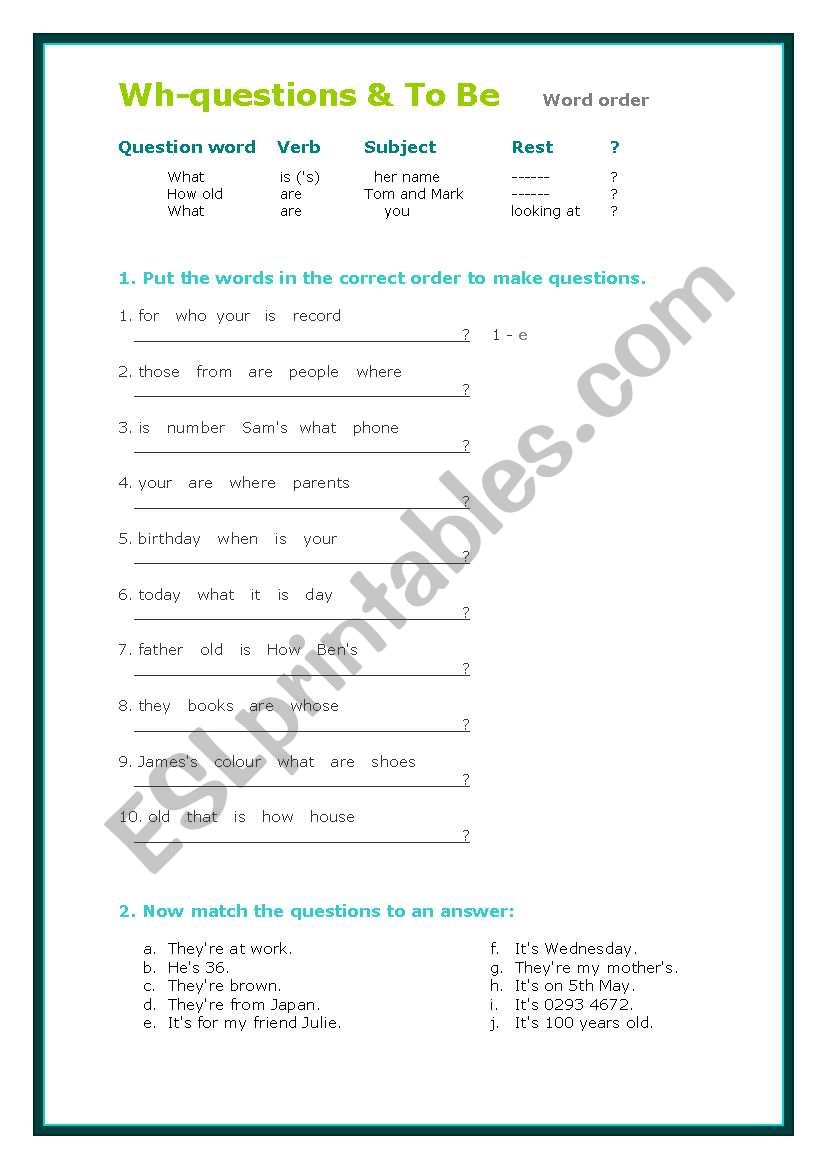 Wh-questions and To Be with Answer Key