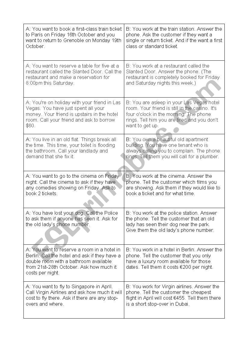 Telephone roleplay worksheet