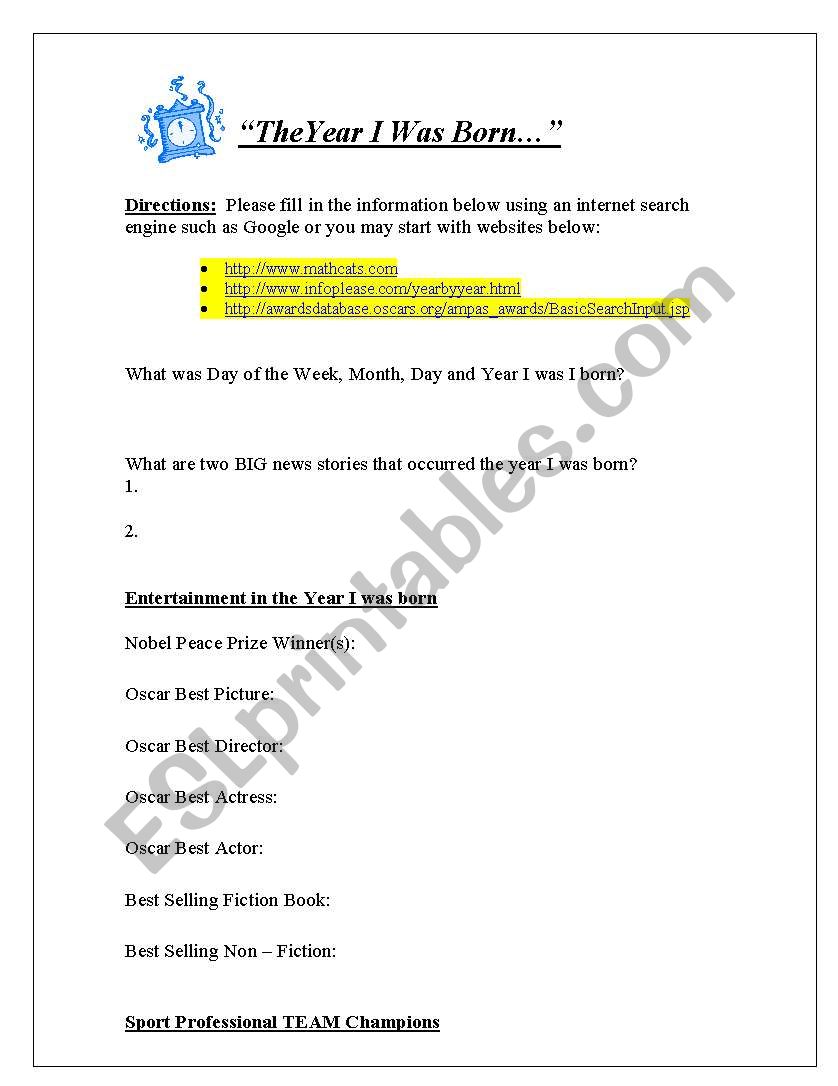 The Year I Was Born worksheet