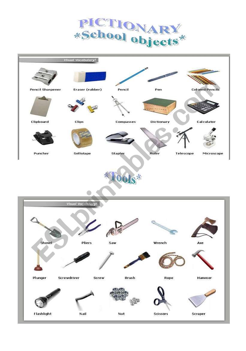 Word Pictionary - School objects and Tools