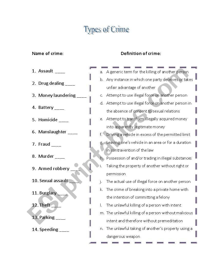 Types of Crime worksheet