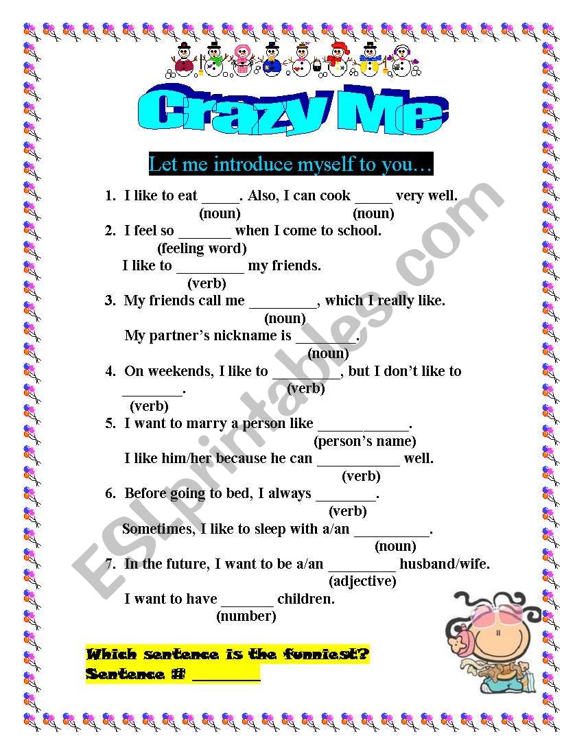 Crazy Me worksheet