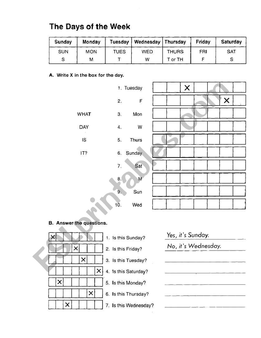 days of the week  worksheet