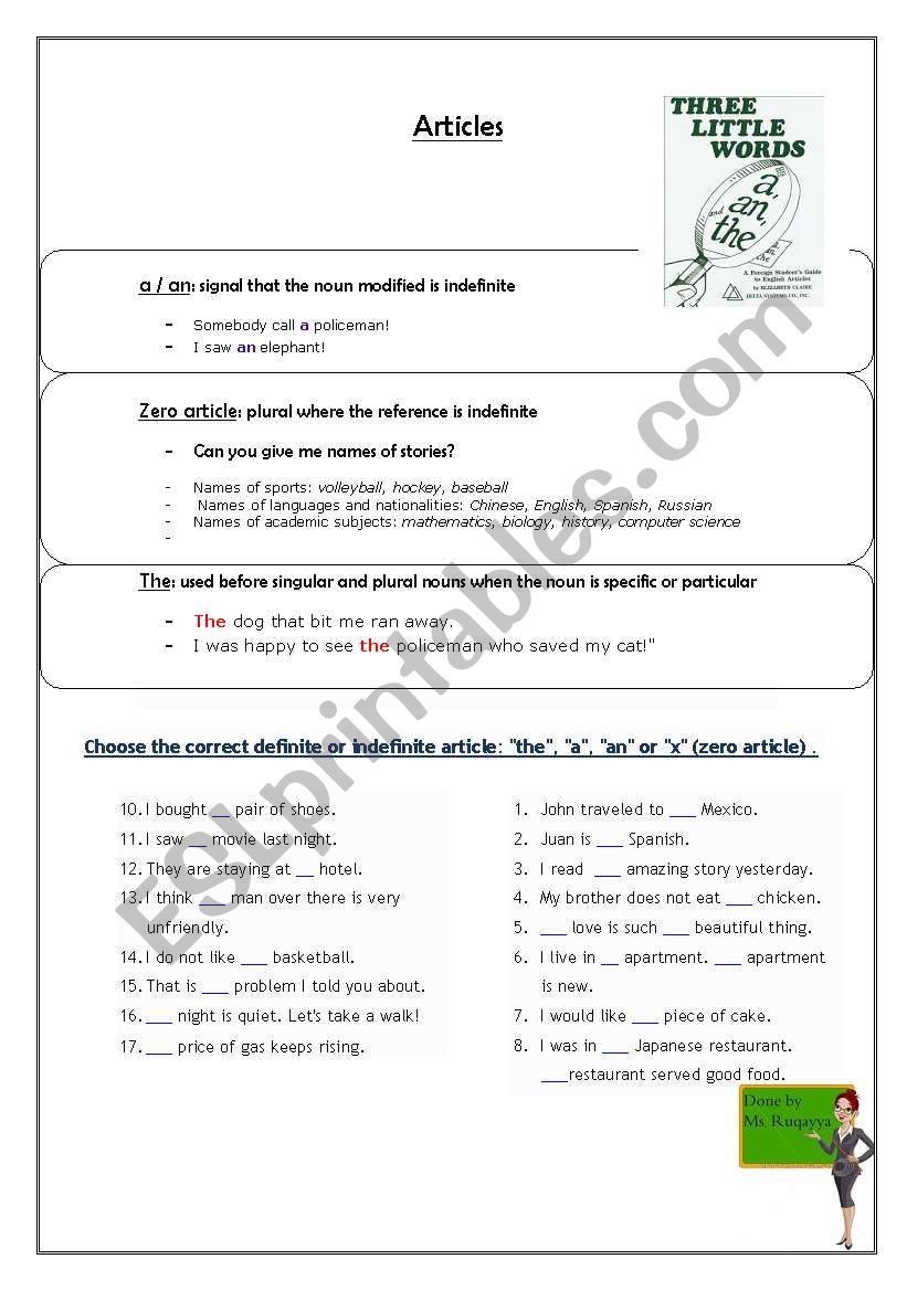 Articles a-an / the / zero worksheet