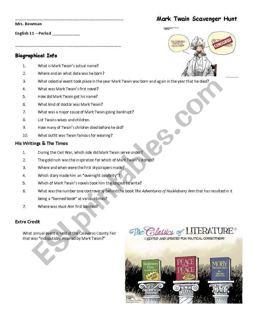 Mark Twain Scavenger Hunt worksheet