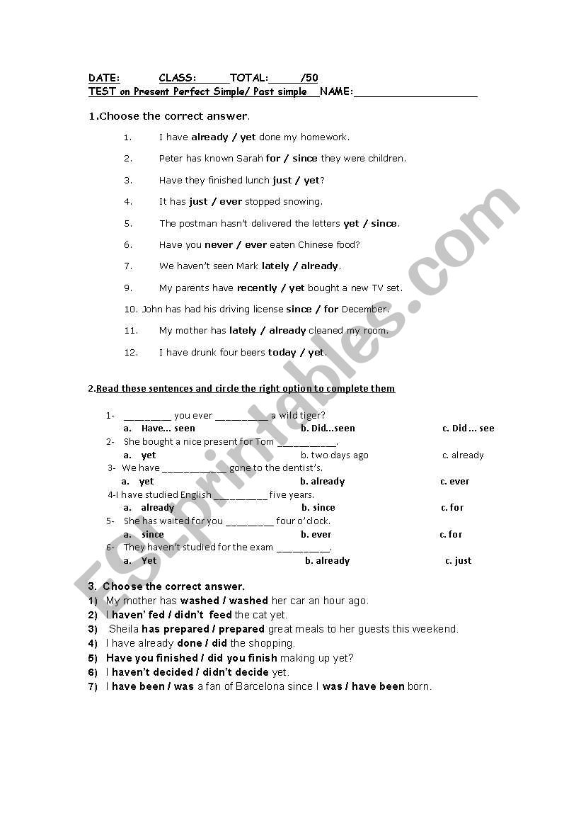 PRESENT PERFECT SIMPLE TEST worksheet