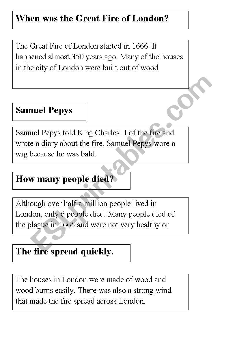 The Great Fire of London - matching sub headings and text