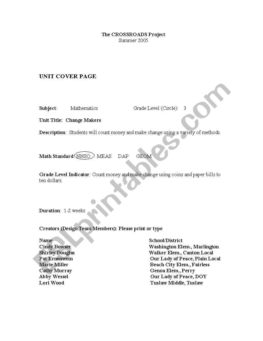 Making Change worksheet