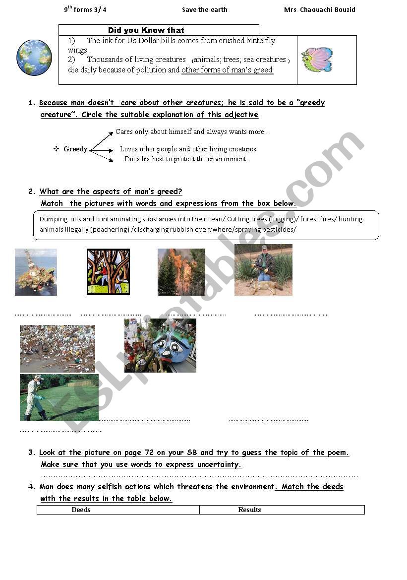 SAVE THE EARTH worksheet