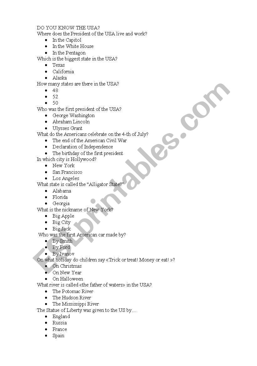 Do you know the USA? worksheet