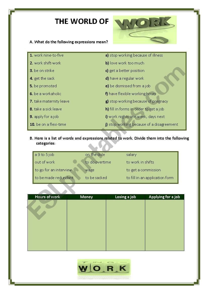 THE WORLD OF WORK worksheet