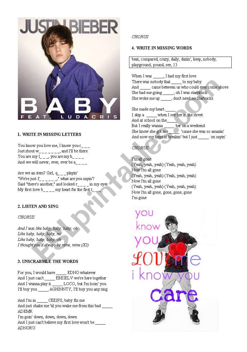JUSTIN BIBER BABY worksheet
