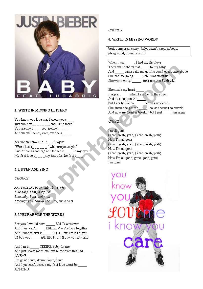 JUSTIN BIBER Â´BABYÂ´ worksheet