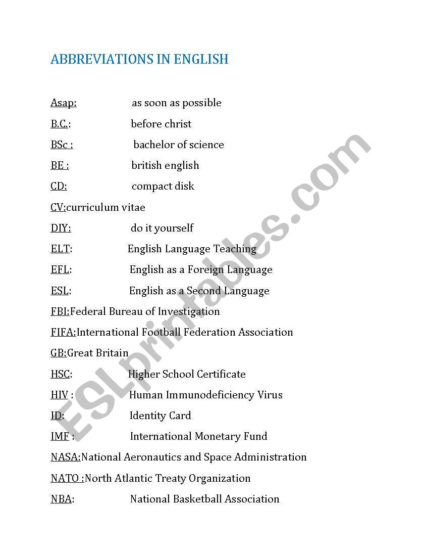 abbreviations in english worksheet